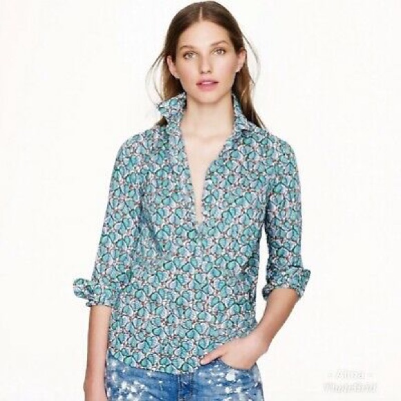 J. Crew Tops - J.Crew Blue/Green Floral Leaf Print Popover Blouse
